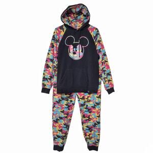 Mickey Mouse 2pc Hoodie Sweatsuit Sz M Pajamas Loungewear Unisex Colorful Disney